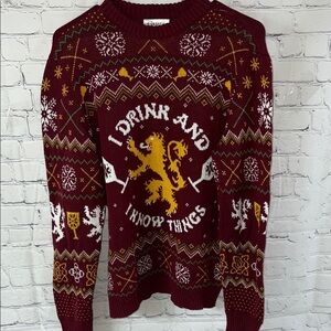 GAME OF THRONES Men's Medium Burgundy Sweater with Lion Design. UGLY SWEATER
